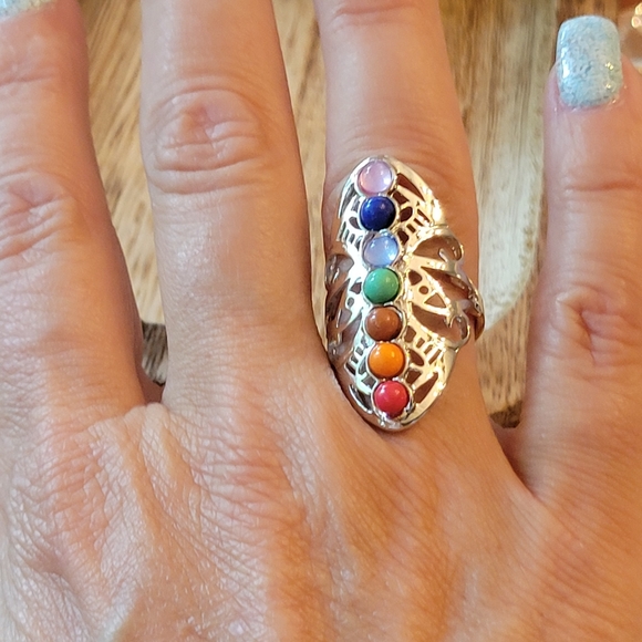 Chakra Silver Tone Cut-Out North-South Ring, adjustable - Picture 2 of 6